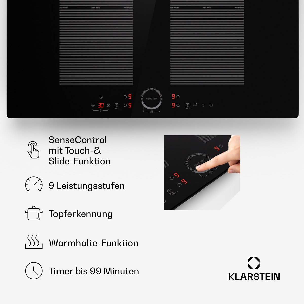 KLARSTEIN Placa de inducción - KLARSTEIN Delicatessa 77 Flex, 4 zonas, 77 cm, Negro - Imagen 6