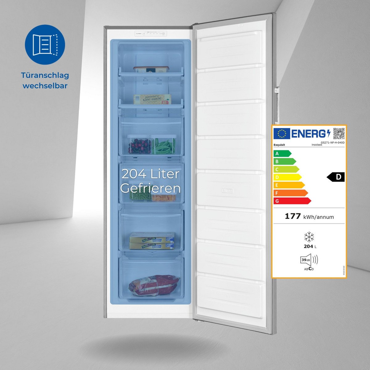 Congelador vertical - EXQUISIT GS271-NF-H-040D Inoxlook, 1705 mm, Inox - Imagen 2