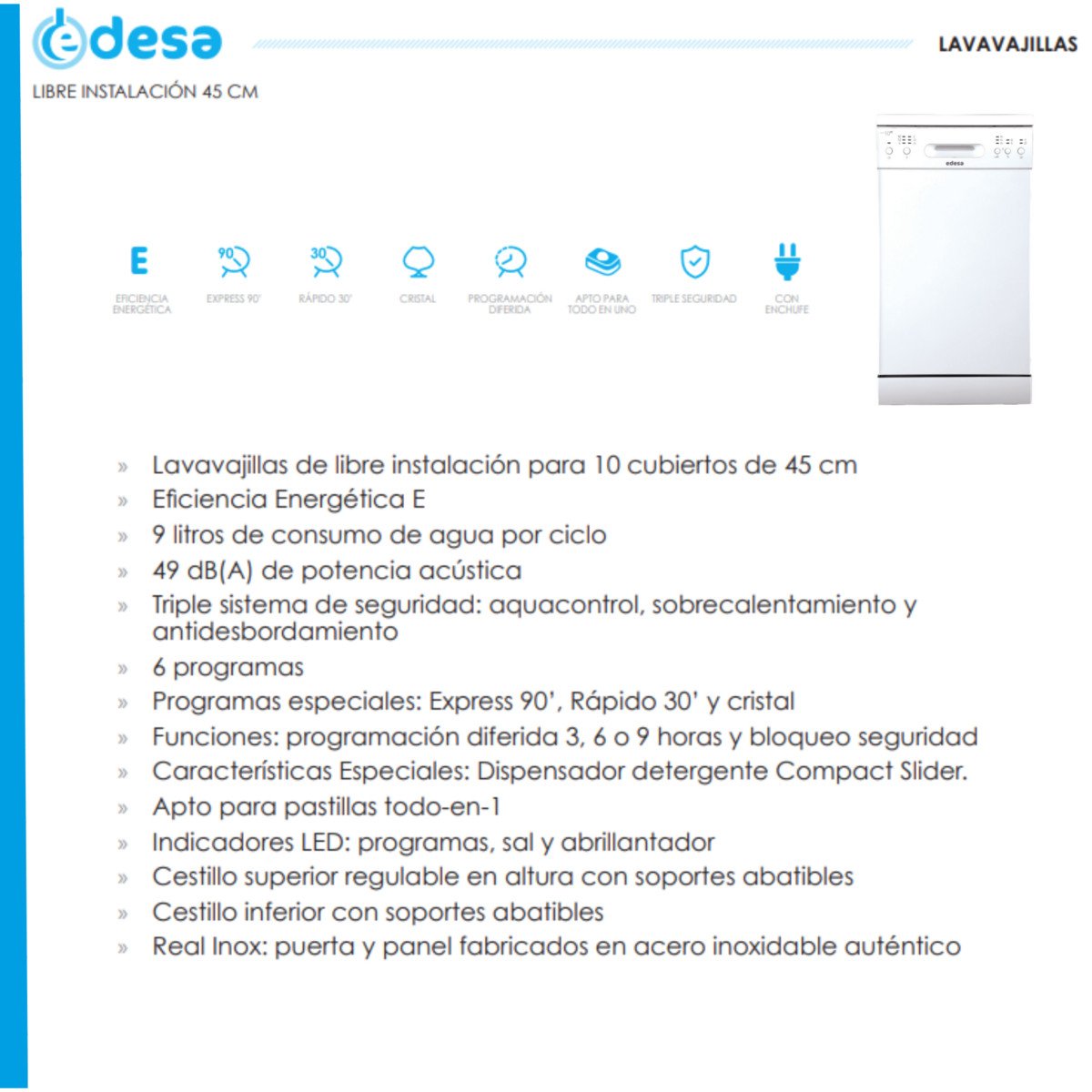 Lavavajillas libre instalación 45 cm - EDESA EDW-4610 WH, 10 servicios, 6 programas, 44,8 cm, Inox - Imagen 3