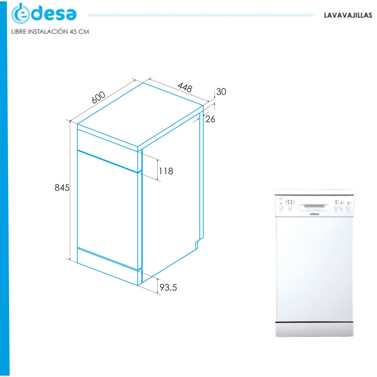 Lavavajillas libre instalación 45 cm - EDESA EDW-4610 WH, 10 servicios, 6 programas, 44,8 cm, Inox - Imagen 5