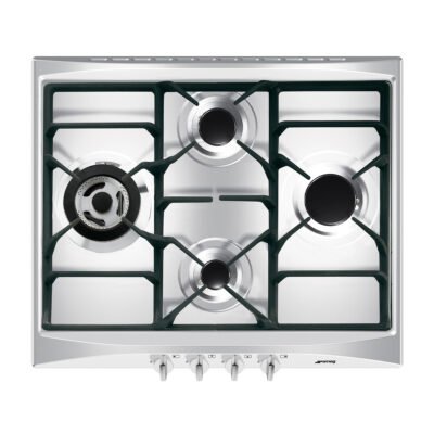 SMEG Placa de gas – SMEG SR264XGH2, 4 zonas, GLP (gas licuado de petróleo), 60 cm, Negro, Plata
