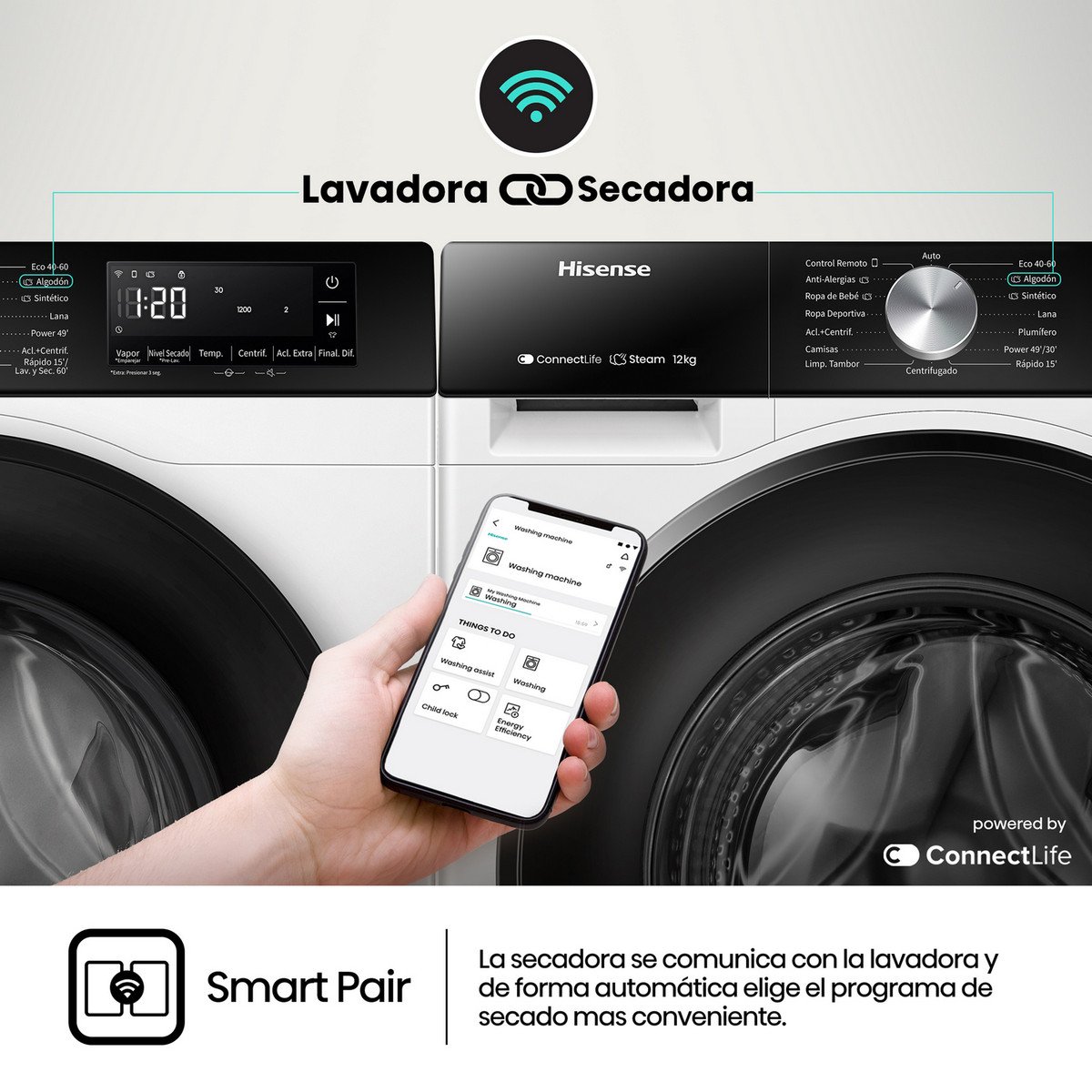 HISENSE Lavadora carga frontal - HISENSE WF3S1243BW3, 12 kg, 1400 rpm, 19 programas, Blanco - Imagen 2