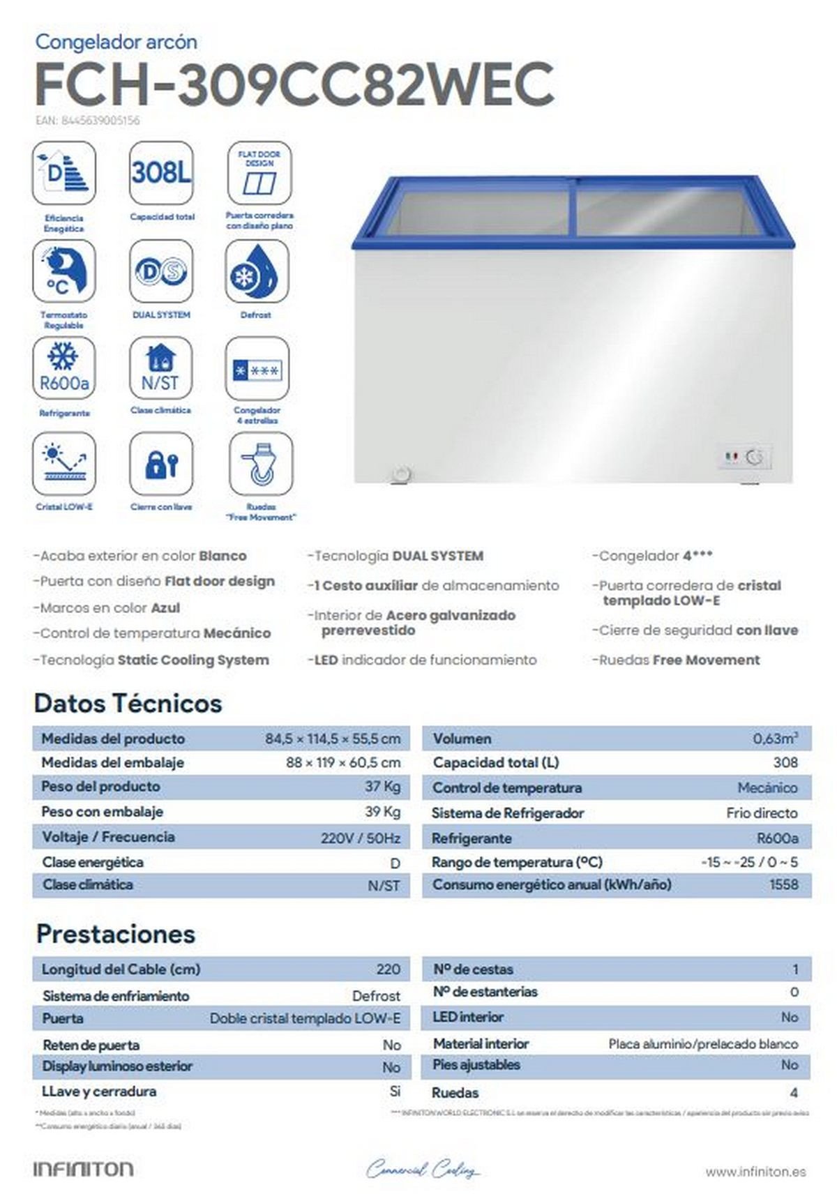 Congelador horizontal - INFINITON FCH-309CC82WEC, 309 l, 84,5 cm, Blanco - Imagen 2