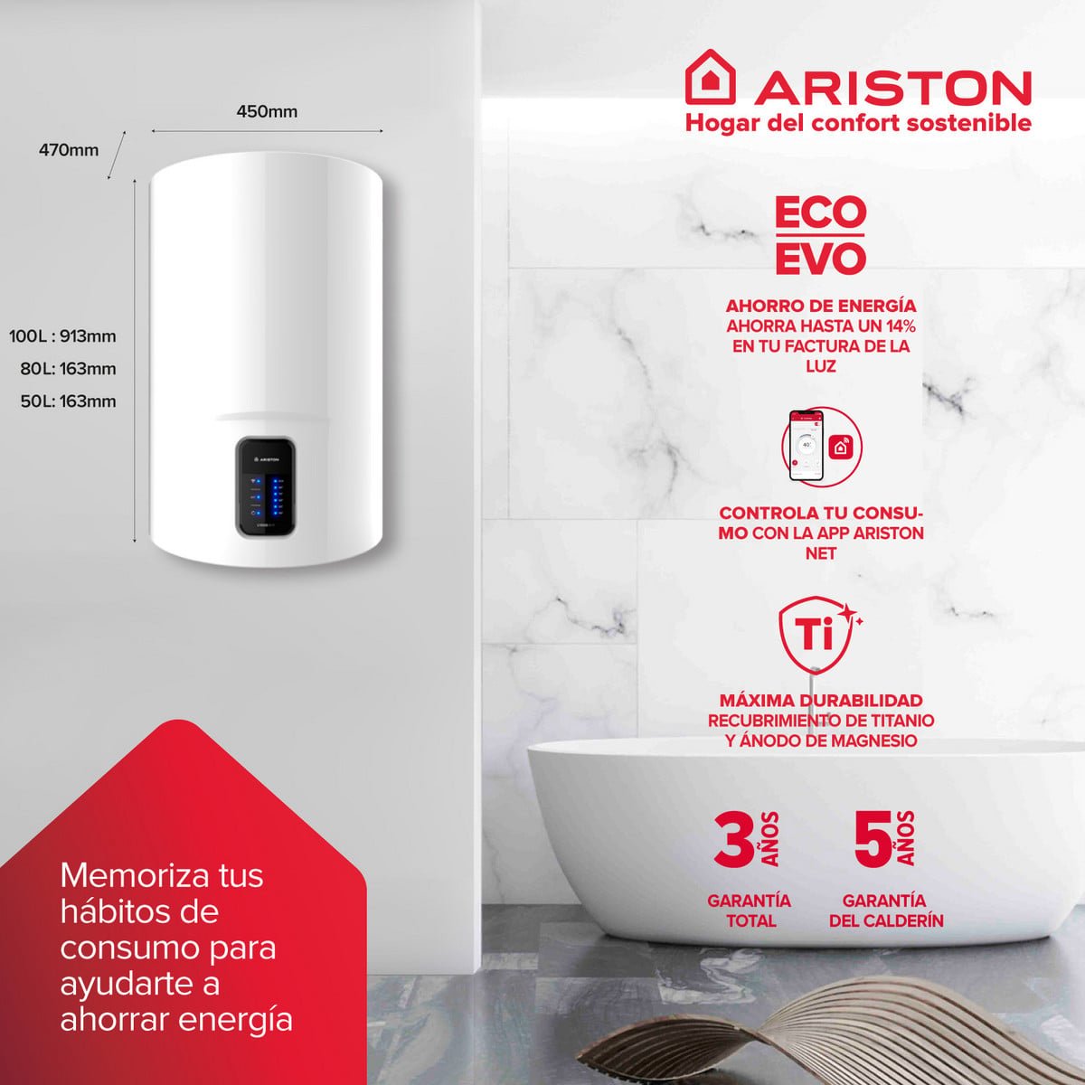 LYDOS Termo Eléctrico - LYDOS WIFI 50 V 1,5K EU + INSTA + POLIF ARISTON, 50 l, Blanco - Imagen 3