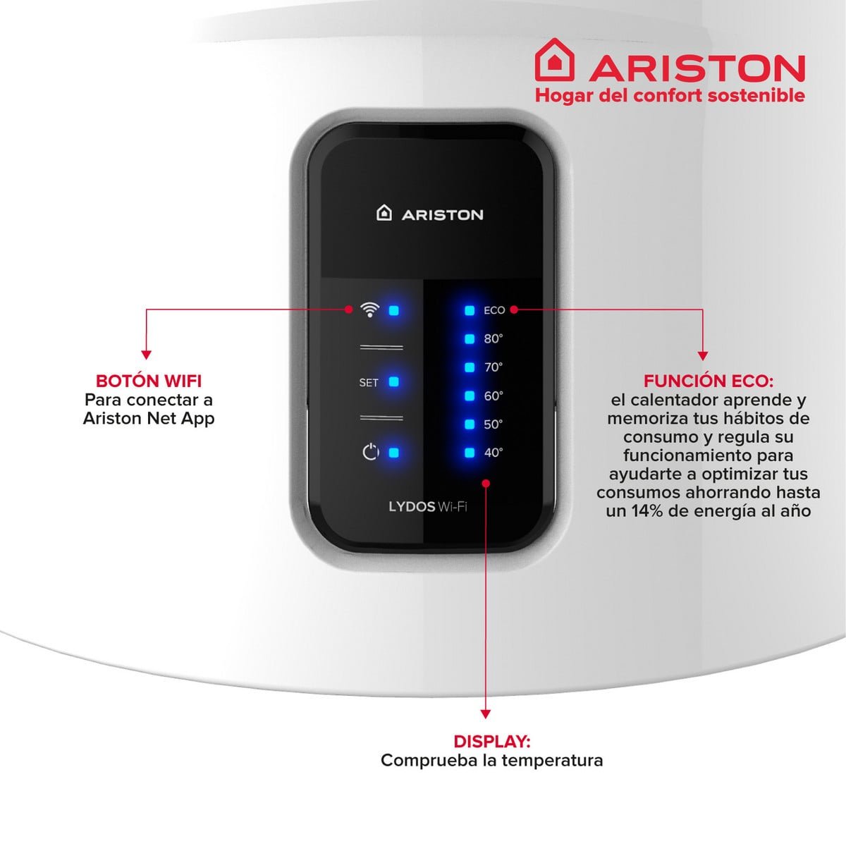 LYDOS Termo Eléctrico - LYDOS WIFI 50 V 1,5K EU + INSTA + POLIF ARISTON, 50 l, Blanco - Imagen 4