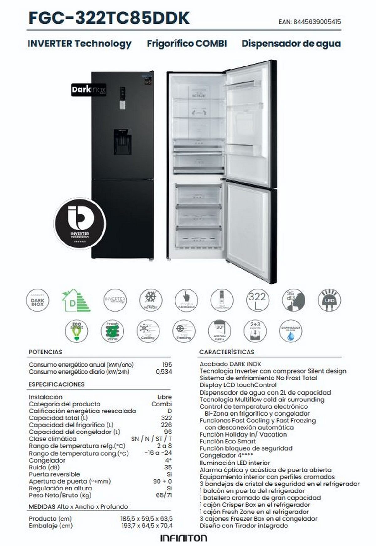 INFINITON Frigorifico combi - INFINITON FGC-322TC85DDK, No Frost, Total No Frost, Altura 185,5 cm, Capacidad 322 l, Negro - Imagen 3