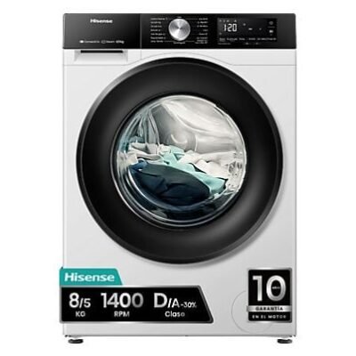 Hisense Lavadora secadora – Hisense WD3S8043BW3, 8 kg/5 kg, 1400 rpm, 16 programas. Clase A-30%, WiFi, Blanco