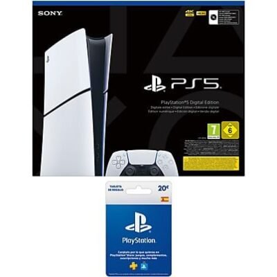 Sony Consola – Sony PS5 Slim Digital Edition, 825 GB SSD, 4K, Chasis D, Blanco + Tarjeta PS Plus 20€