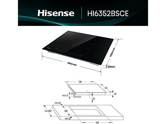 Hisense Placa inducción - Hisense HI6352BSCE , 3 zonas, Zonas Flex, Zona XL 29 cm, 7400W, 59 cm, Negro - Imagen 2