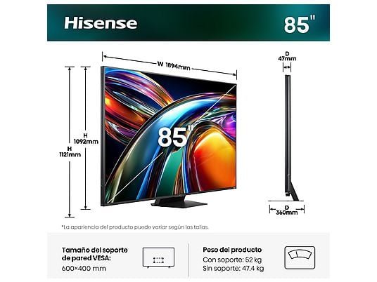 Hisense TV RGB Mini LED 85" - Hisense 85UR9S, UHD 4K, Quad Core / MT9655, Hi-View AI Engine RGB, Tuned by Devialet, Anti Reflejo, Negro - Imagen 4