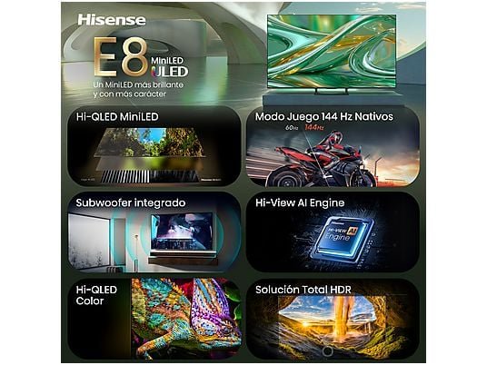 Hisense TV Mini LED 65" - Hisense 65E8S, UHD 4K, Quad Core / MT9618, Total HDR, Subwoofer integrado, IA 4K, Negro - Imagen 8