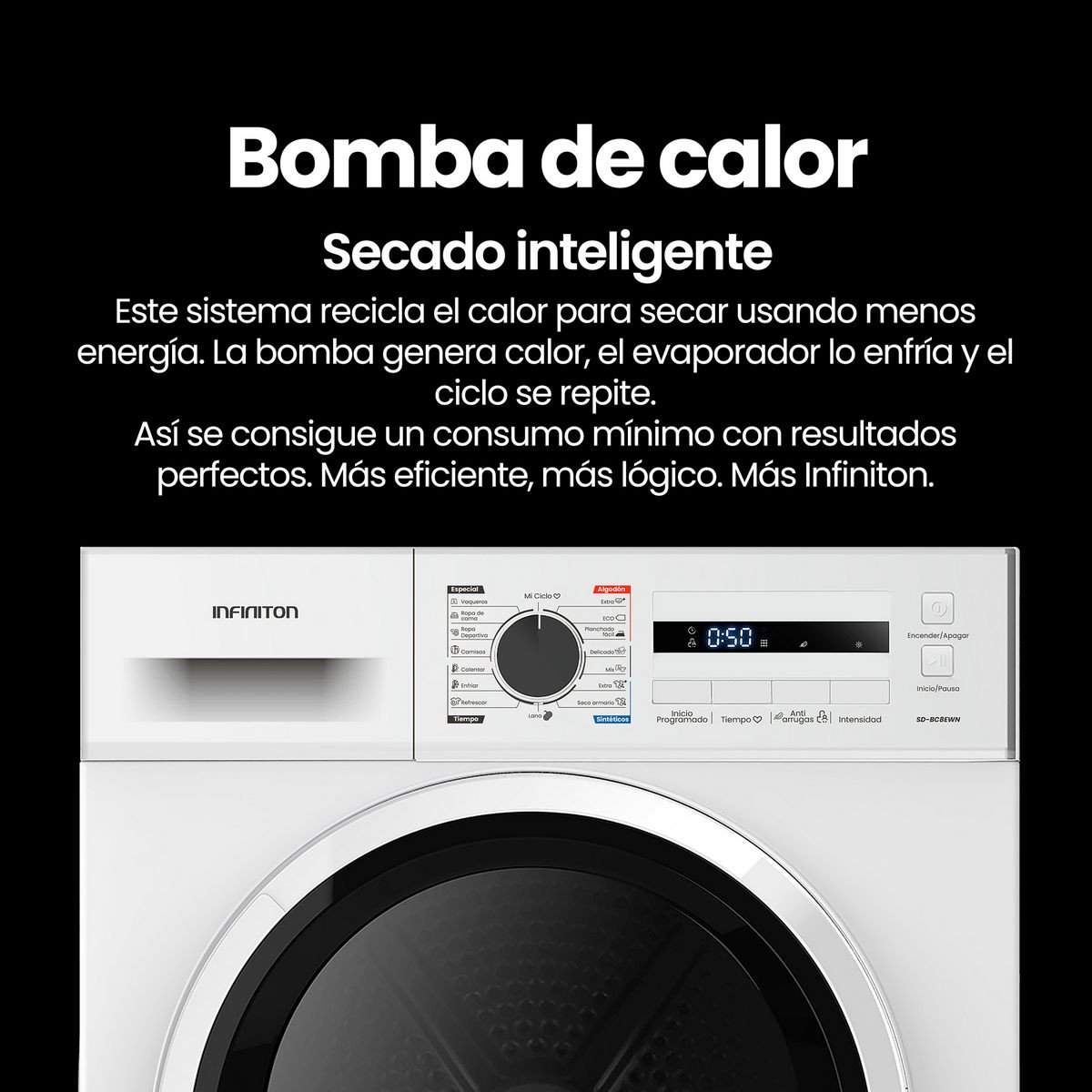 Secadora Bomba de Calor - INFINITON SD-A85BB, 14 programas, Blanco - Imagen 5