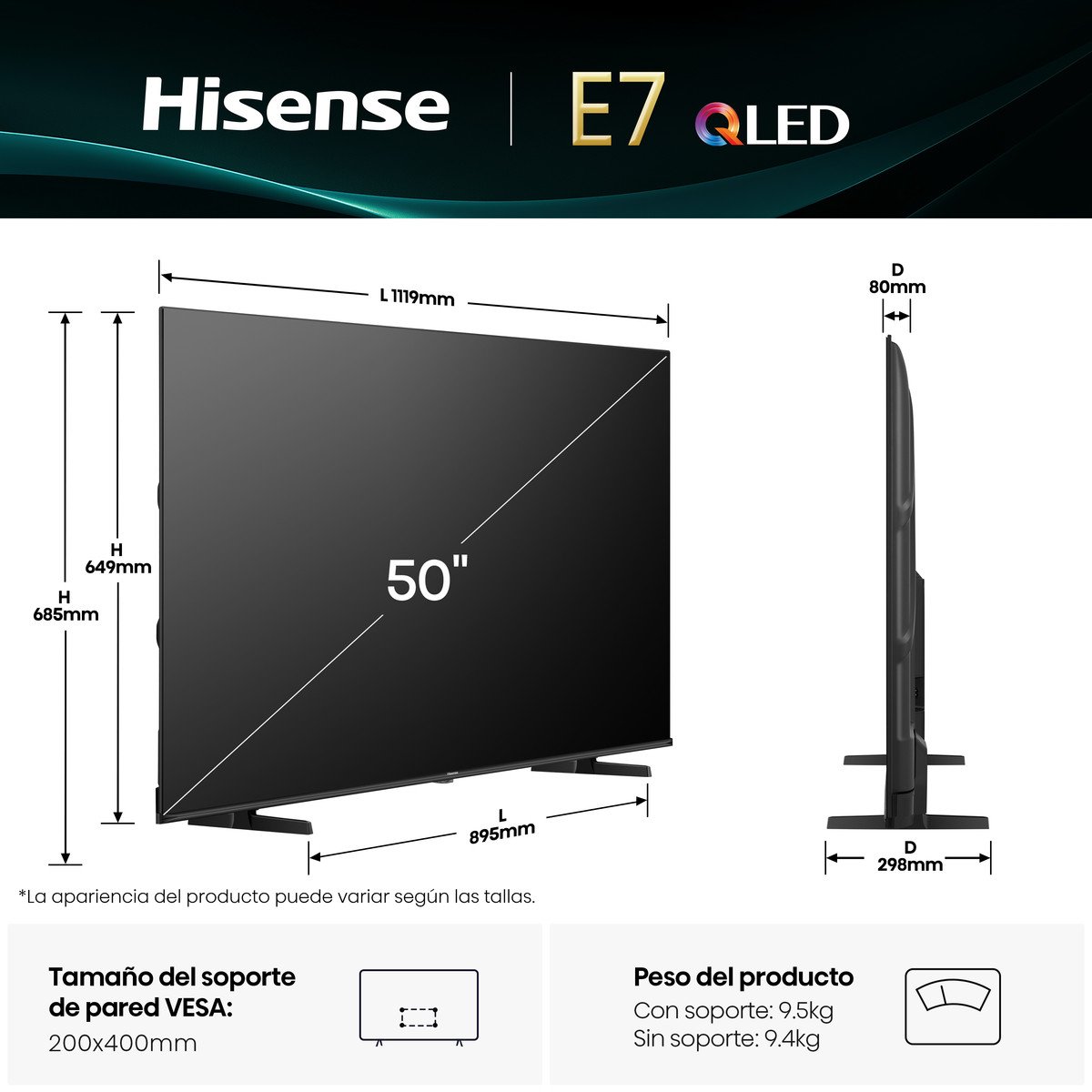 HISENSE TV QLED 50" - HISENSE 50E7Q, UHD 4K, Quad Core/MT9603, Smart TV, DVB-T2 (H.265), Negro - Imagen 2
