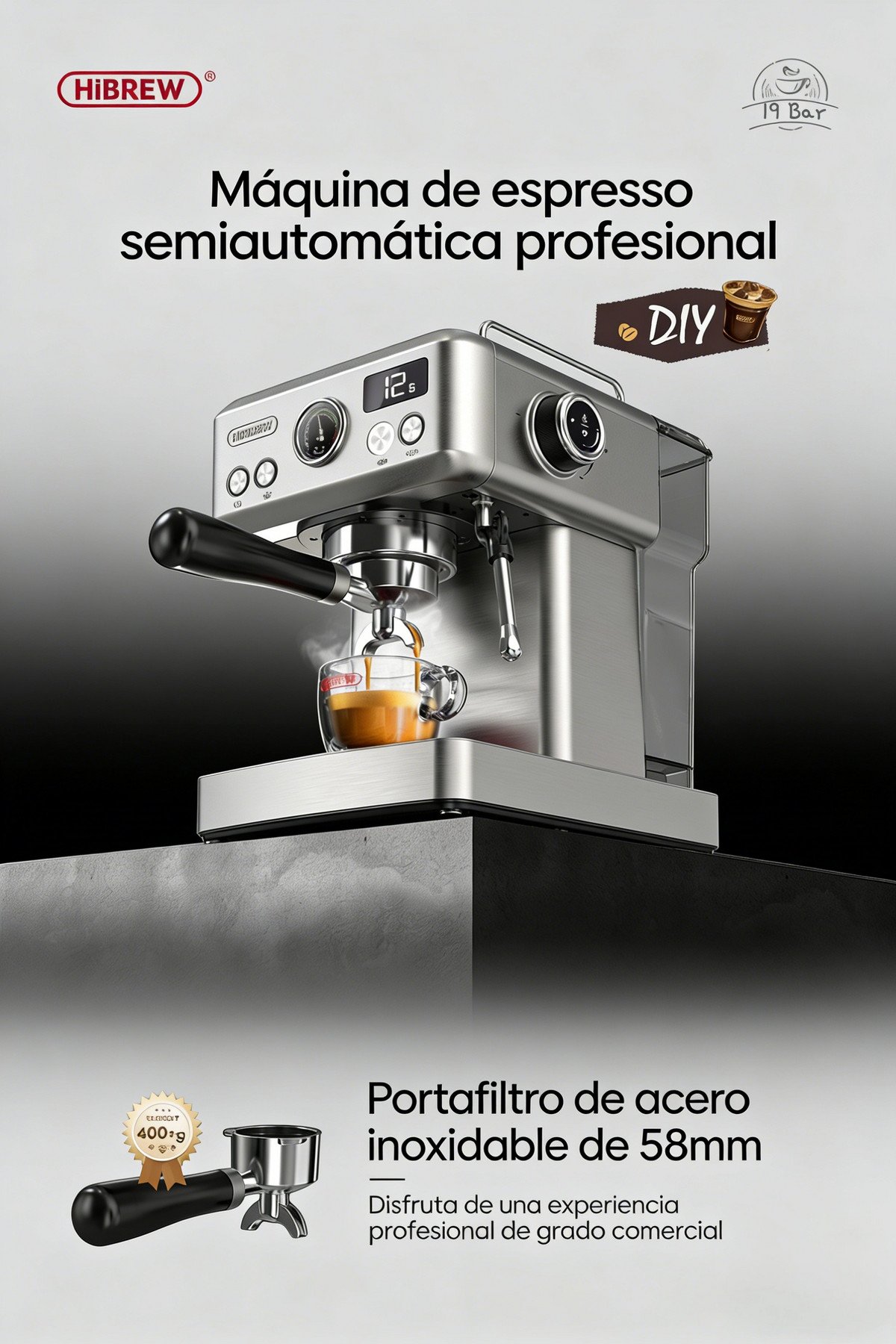 HIBREW Cafetera express - HIBREW H10A, 19 bar, 1350 W, 350 ml, Astilla - Imagen 2
