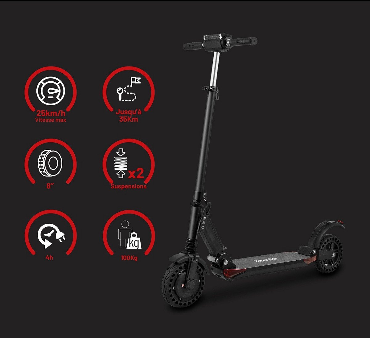 URBANGLIDE Patinete eléctrico - URBANGLIDE Patinete eléctrico URBANGLIDE RIDE 81 BOOST Ruedas 8" 350W 7.5Ah, Pot. máx. 350 W, Carga máx. 120 kg, hasta - Imagen 4