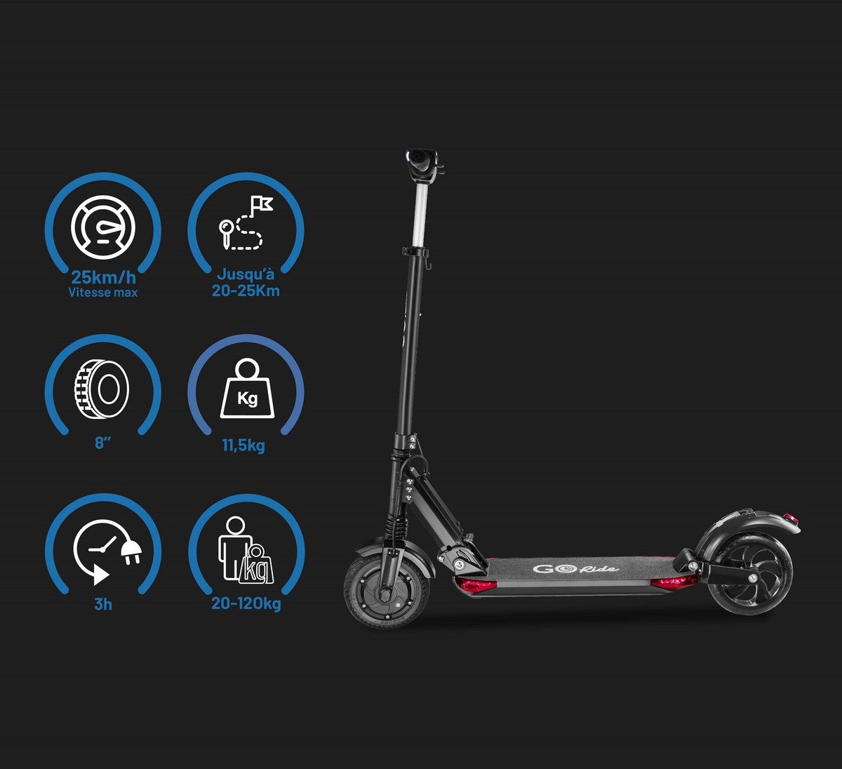 URBANGLIDE Patinete eléctrico - URBANGLIDE Go Ride 80 PRO Patinete eléctrico 350W - 6Ah -8", Pot. máx. 350 W, Carga máx. 100 kg, Negro - Imagen 3